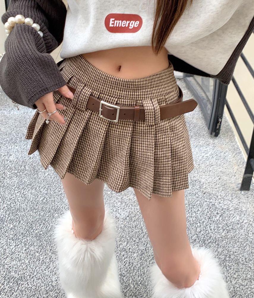 2026 Autumn New Plaid Pleated Skirt Houndstooth Short Skirt for Women with Belt A-Line