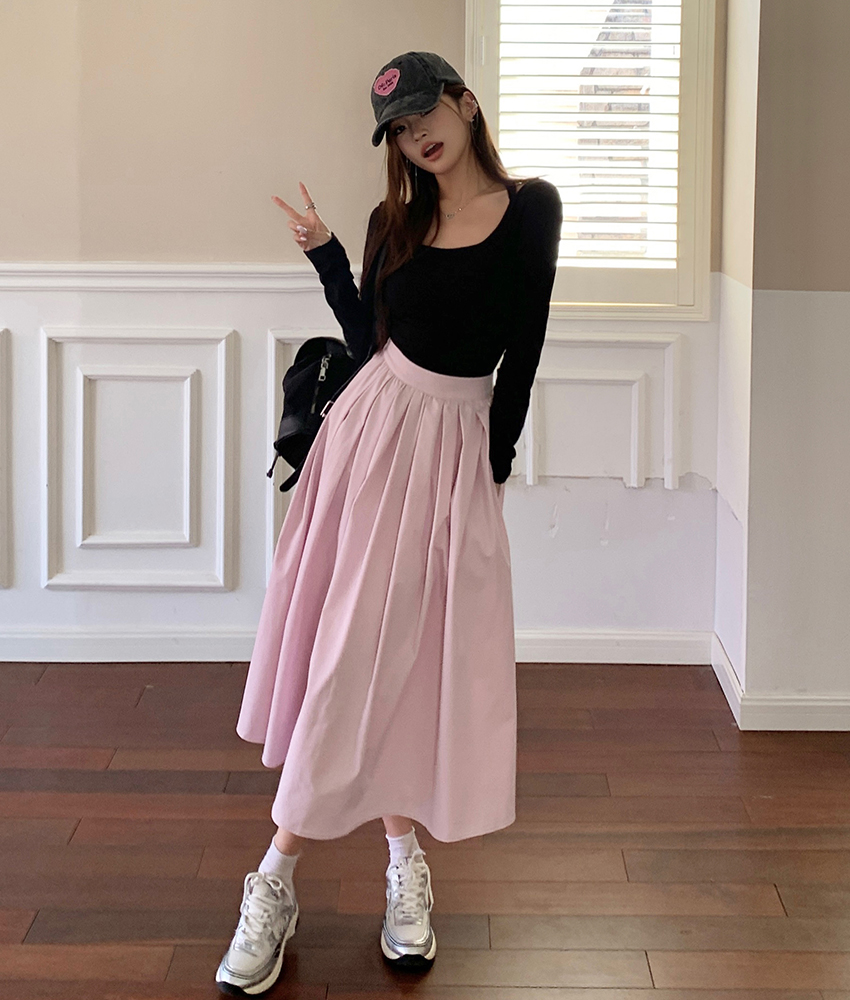 2026 Fall New Sweet Pink A-Line Pleated Long Skirt for Women