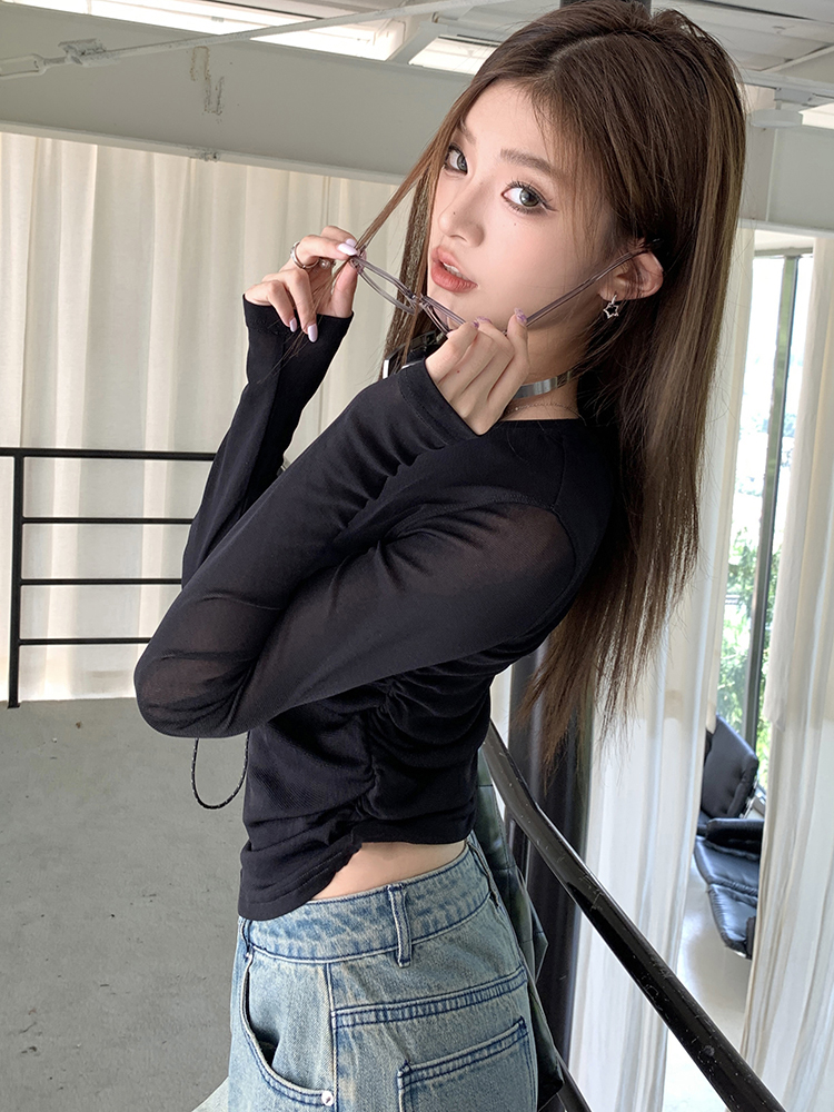 2026 Fall New Round Neck Drawstring Waist Slim Fit Long Sleeve T-Shirt for Women