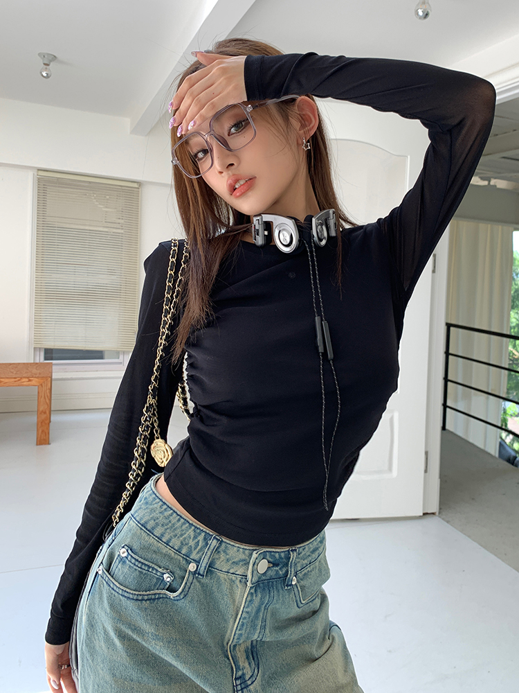 2026 Fall New Round Neck Drawstring Waist Slim Fit Long Sleeve T-Shirt for Women - Image 2