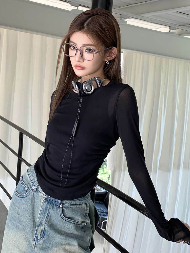 2026 Fall New Round Neck Drawstring Waist Slim Fit Long Sleeve T-Shirt for Women - Image 3