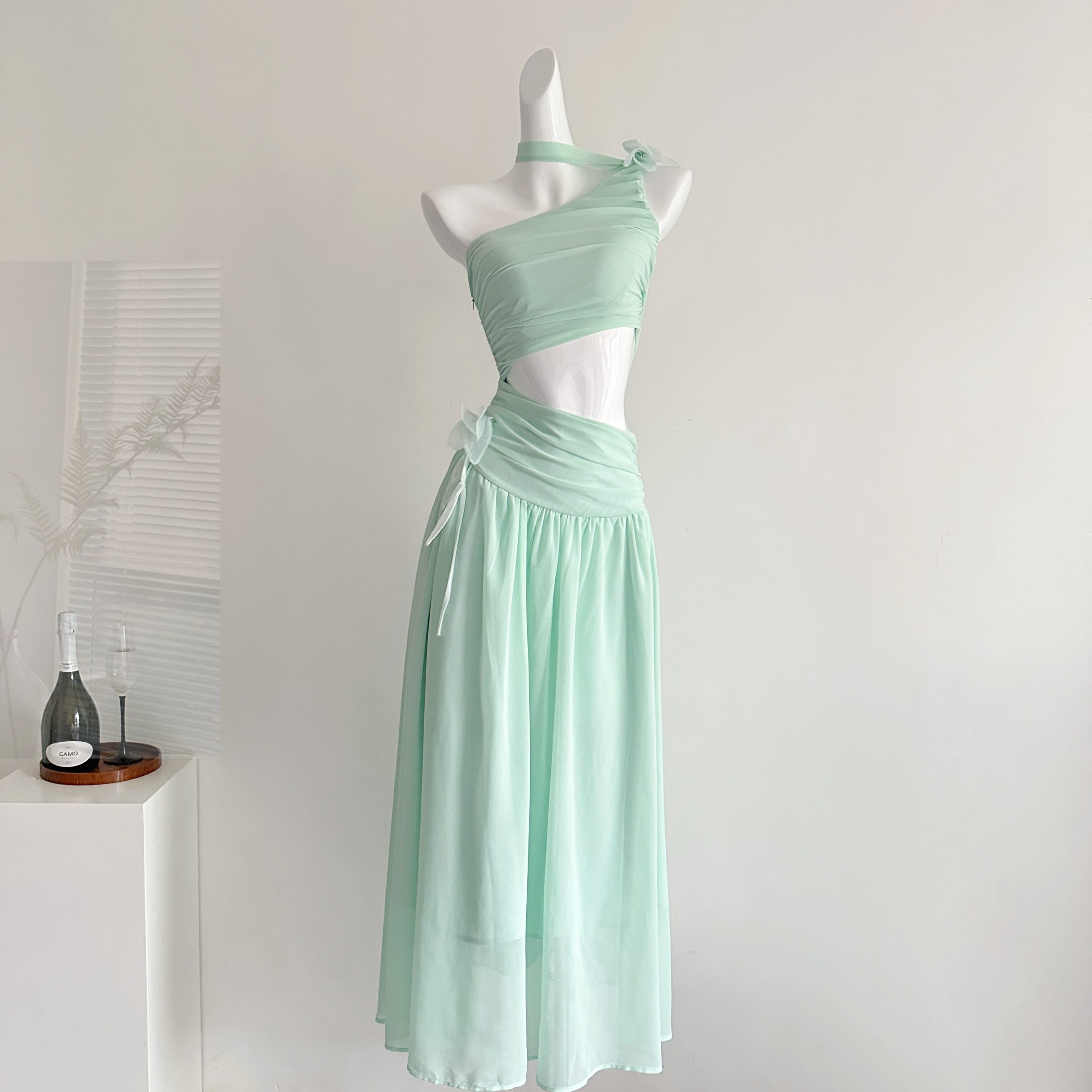 Pink PINK | "Silk Vine Tall Tree" Design One-Shoulder Sheer Mesh Fitted Long Dress