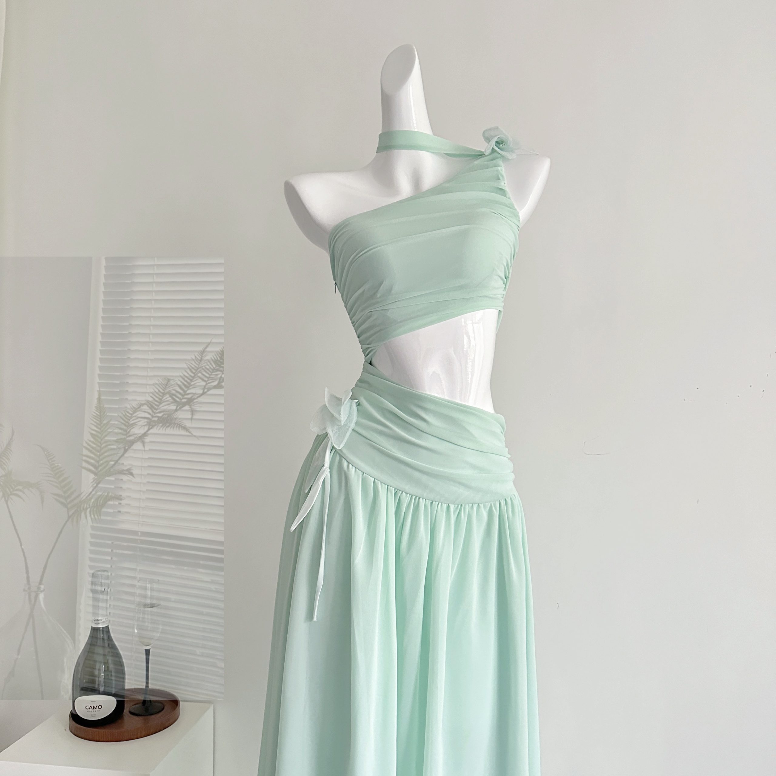 Pink PINK | "Silk Vine Tall Tree" Design One-Shoulder Sheer Mesh Fitted Long Dress - Image 2