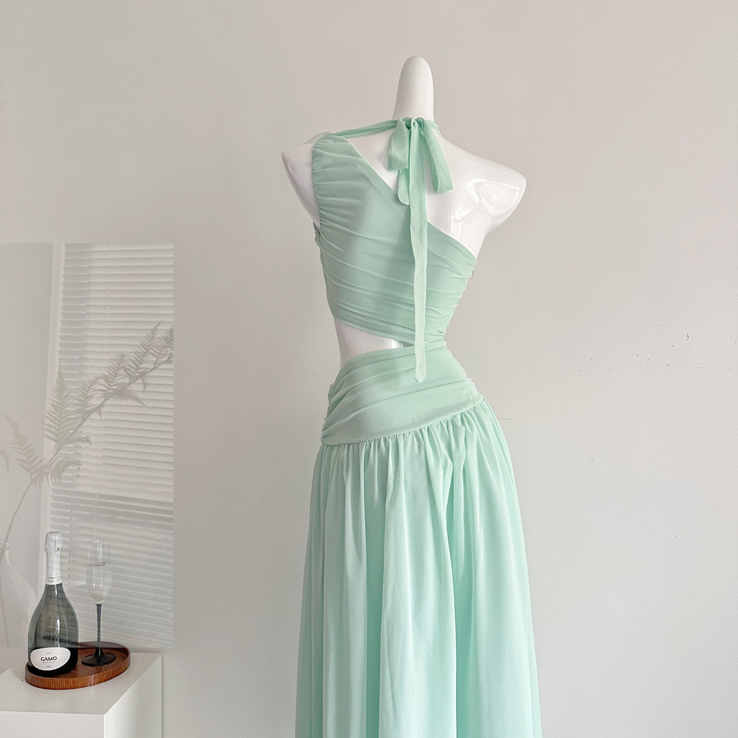 Pink PINK | "Silk Vine Tall Tree" Design One-Shoulder Sheer Mesh Fitted Long Dress - Image 3