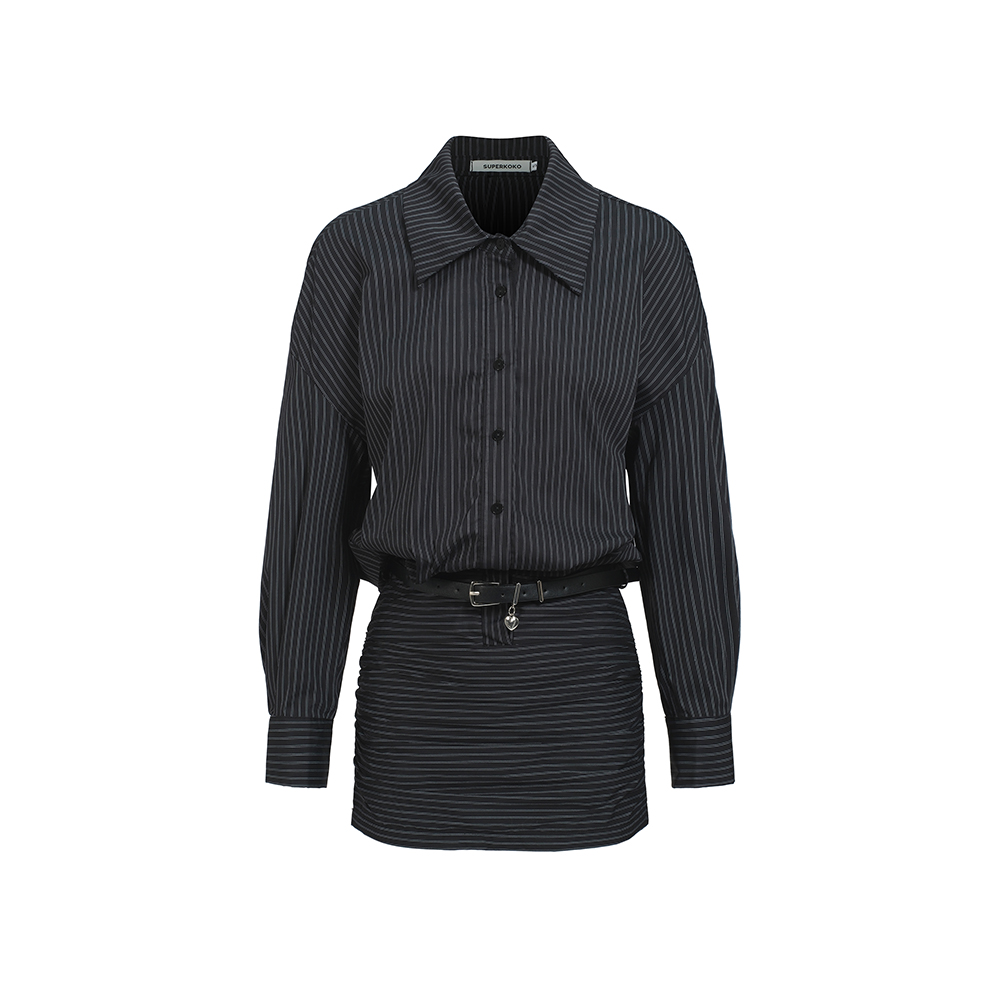 2026 Autumn New Striped Belted Waist Short Skirt Dress Shirt Dress for Women - Image 5