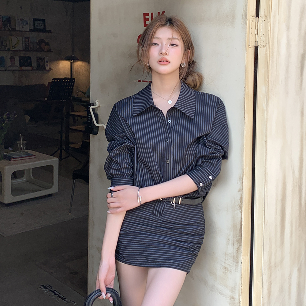 2026 Autumn New Striped Belted Waist Short Skirt Dress Shirt Dress for Women - Image 4
