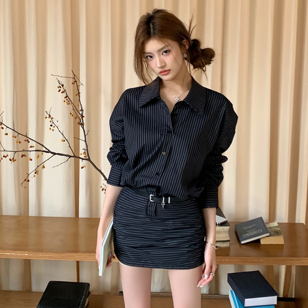 2026 Autumn New Striped Belted Waist Short Skirt Dress Shirt Dress for Women