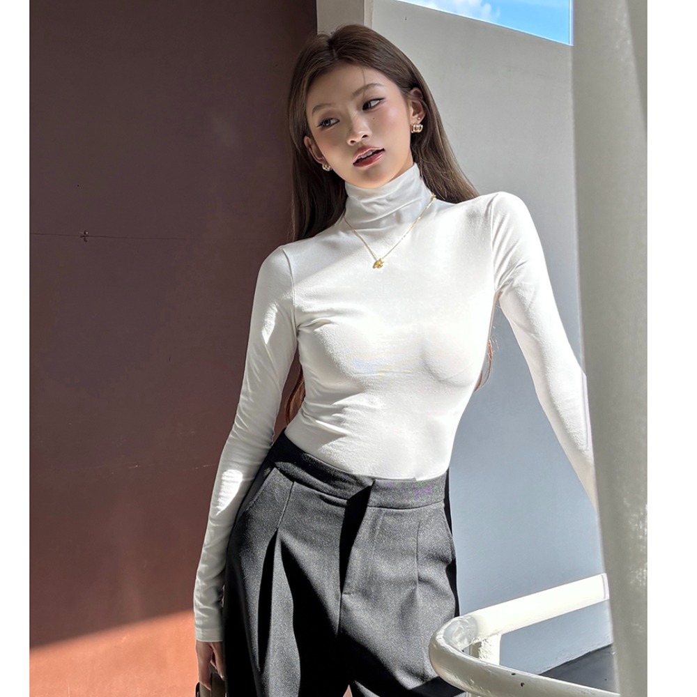 2026 Fall New Women's Slim Fit Basic Long Sleeve T-Shirt Half High Neck Inner Layer Top - Image 2