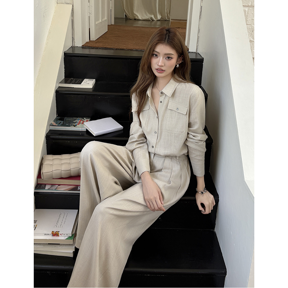 2026 Fall New Linen Shirt Long Sleeve Women Casual Wide Leg Pants Old Money Style Suit - Image 2