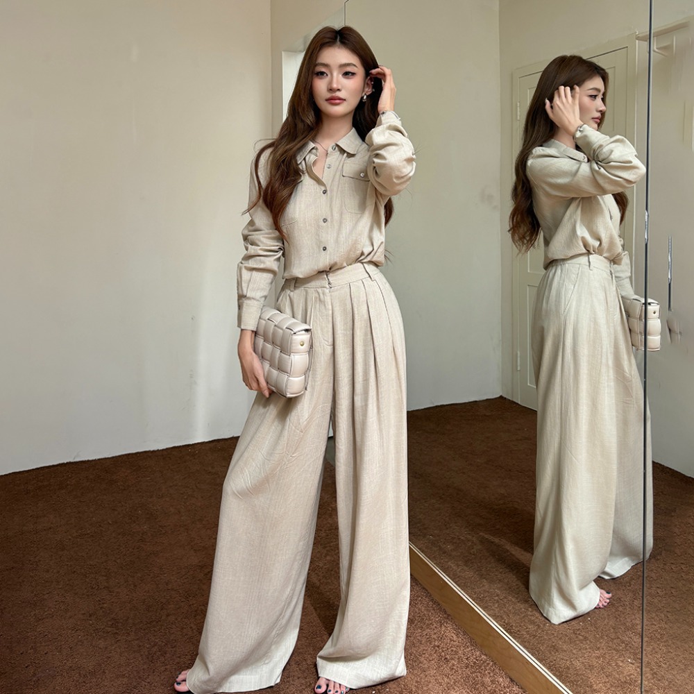 2026 Fall New Linen Shirt Long Sleeve Women Casual Wide Leg Pants Old Money Style Suit - Image 3