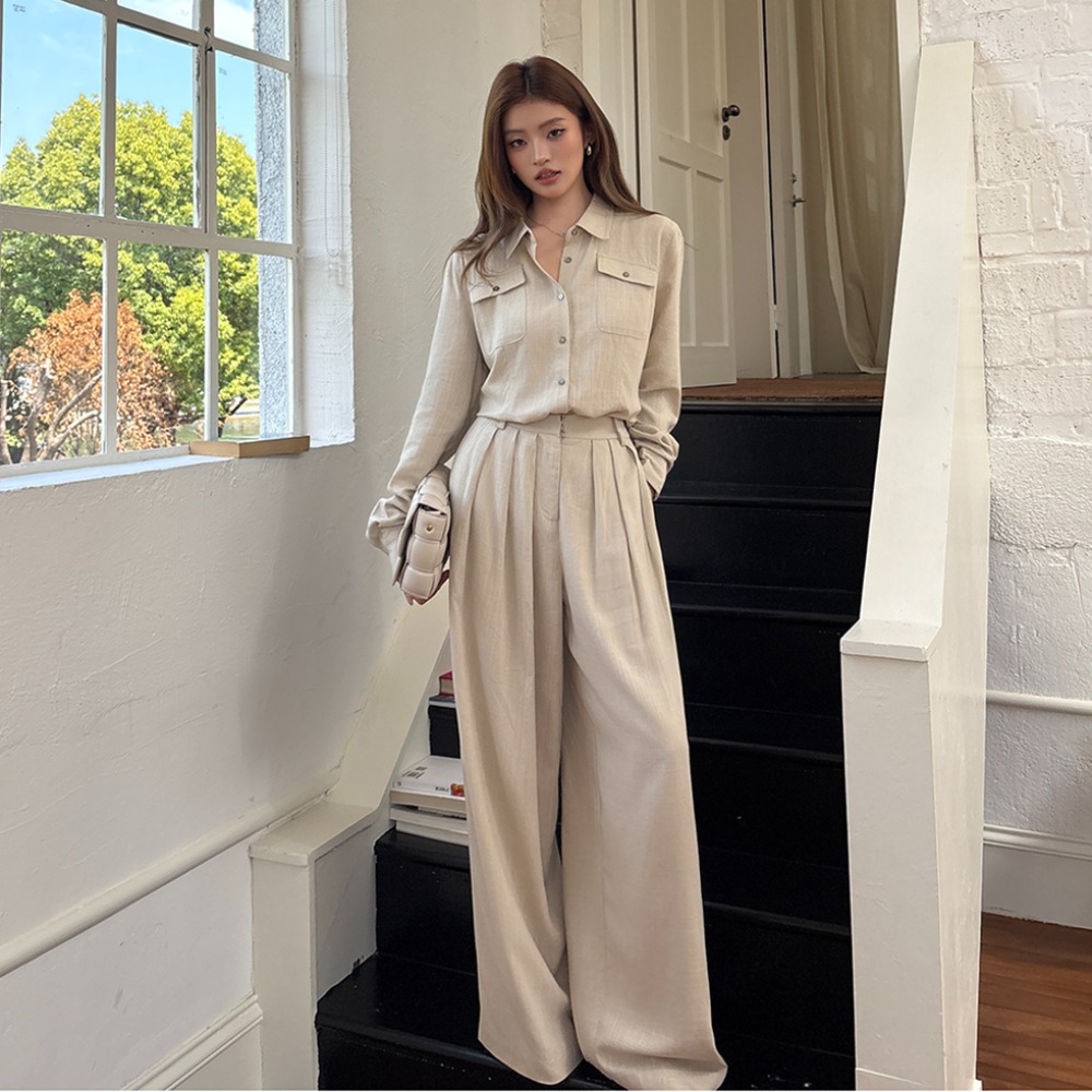 2026 Fall New Linen Shirt Long Sleeve Women Casual Wide Leg Pants Old Money Style Suit