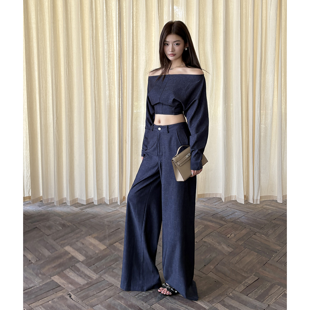 2026 Fall New Design One-Shoulder Waist-Revealing Top and Wide-Leg Pants Two-Piece Set for Women - Image 3