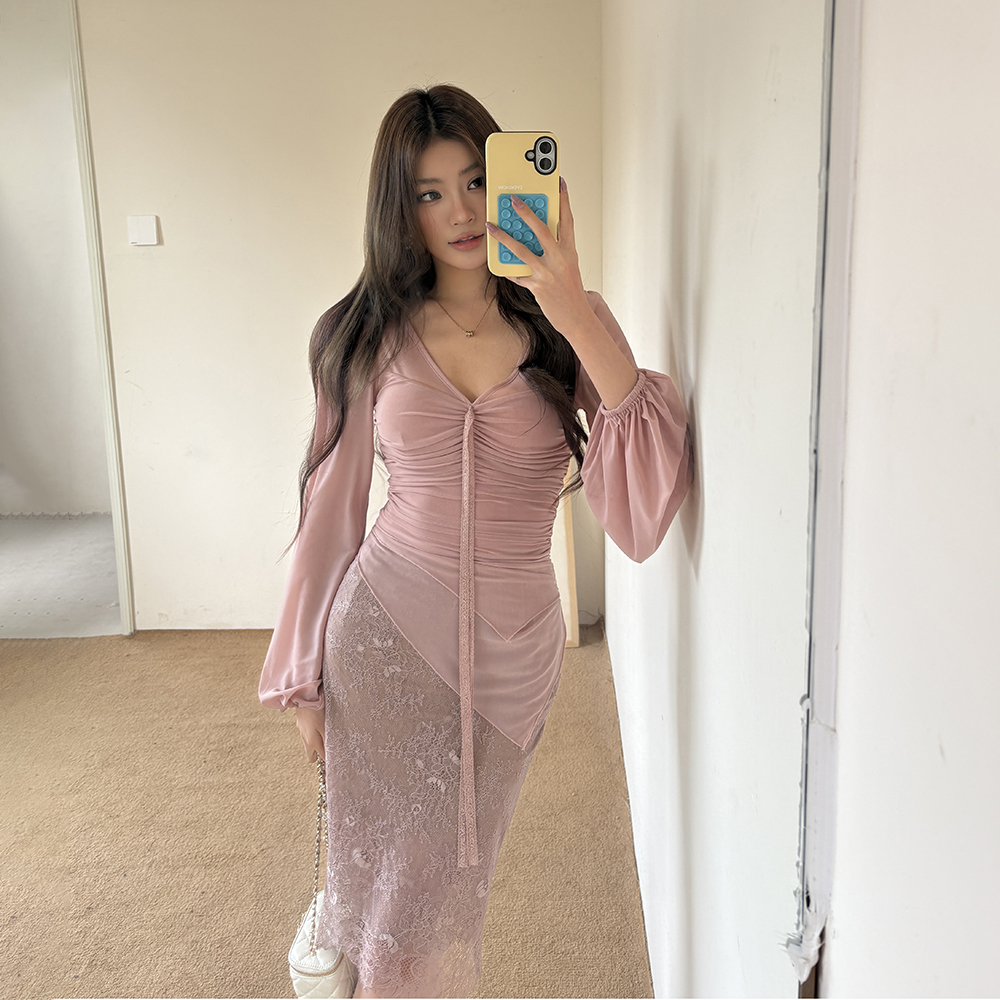 2026 Autumn New Pink Lace Pencil Skirt High Waist Slim Fit Short Skirt for Women - Image 2