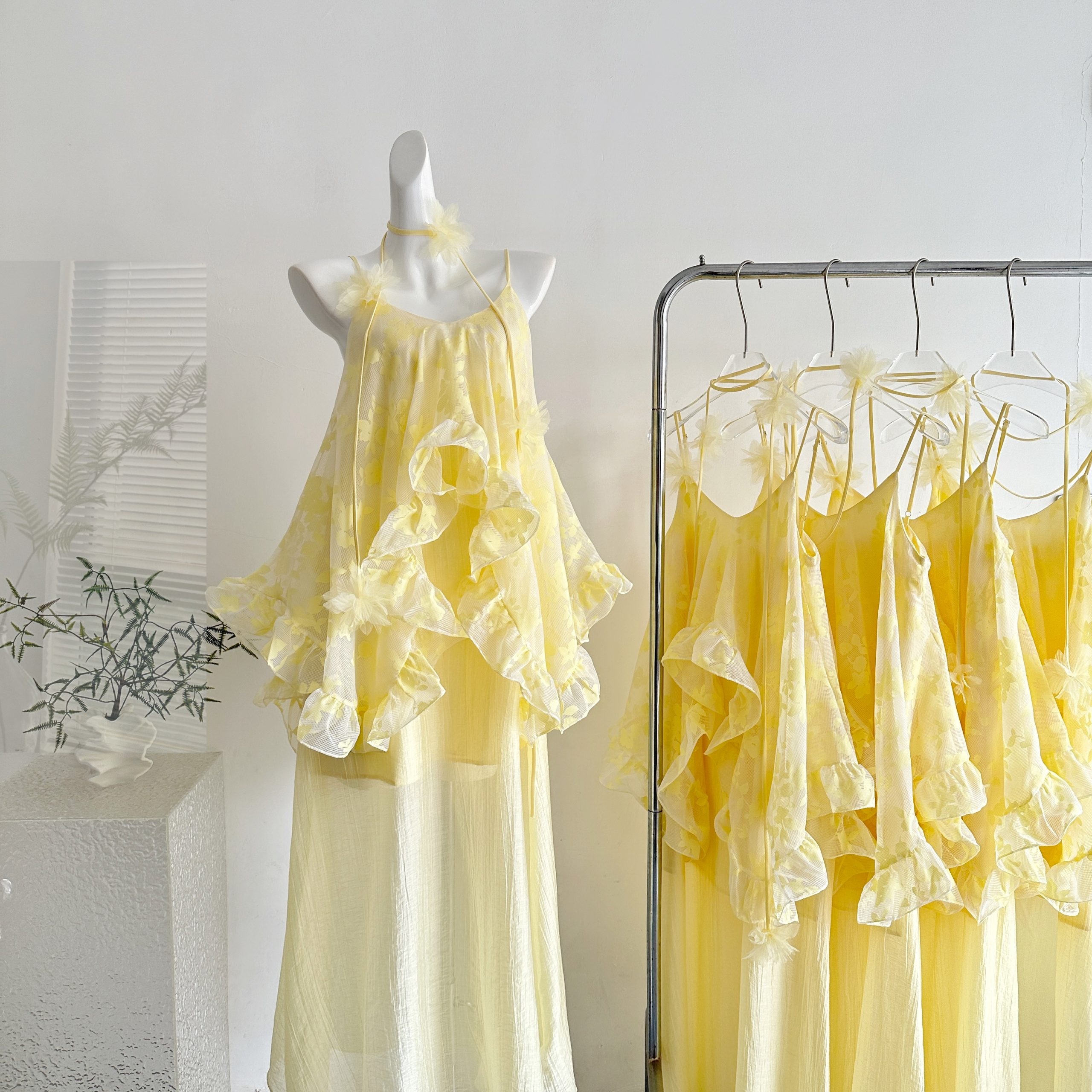 Moonlight French Cotton Strap Dress with Ruffle Hem and Layered Vacation Swing Dress