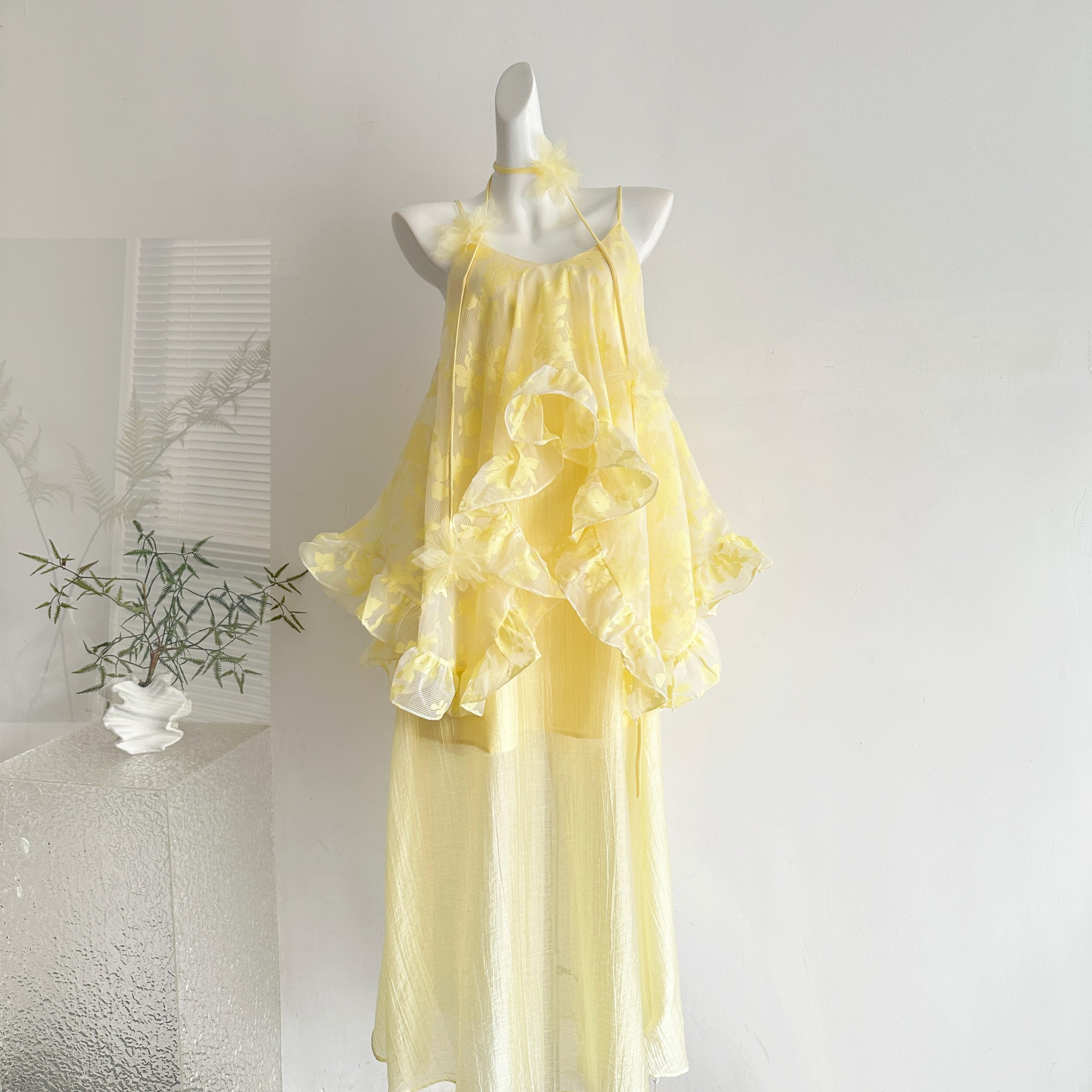 Moonlight French Cotton Strap Dress with Ruffle Hem and Layered Vacation Swing Dress - Image 2