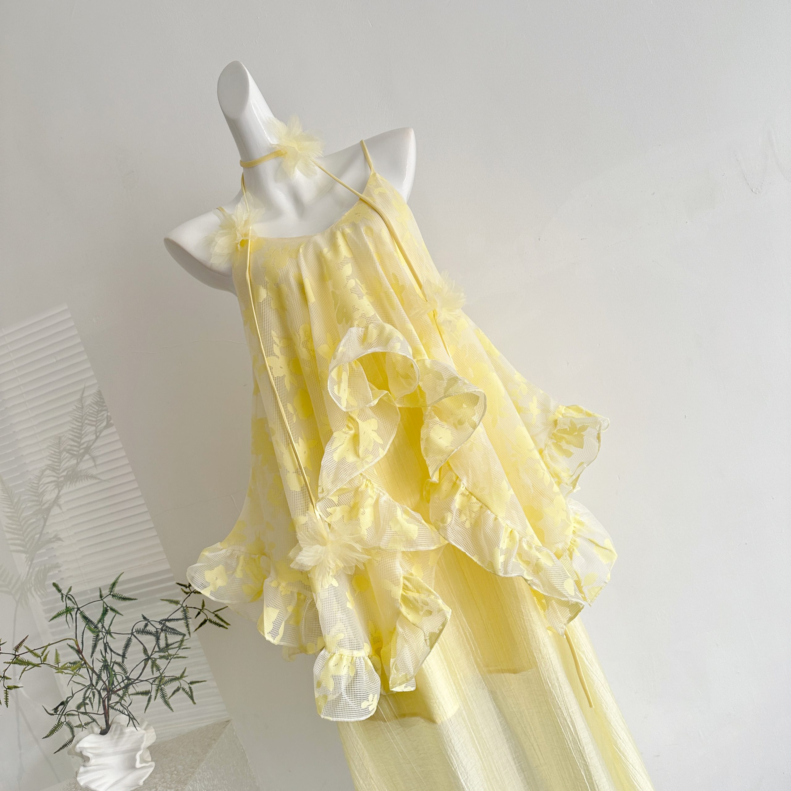 Moonlight French Cotton Strap Dress with Ruffle Hem and Layered Vacation Swing Dress - Image 3
