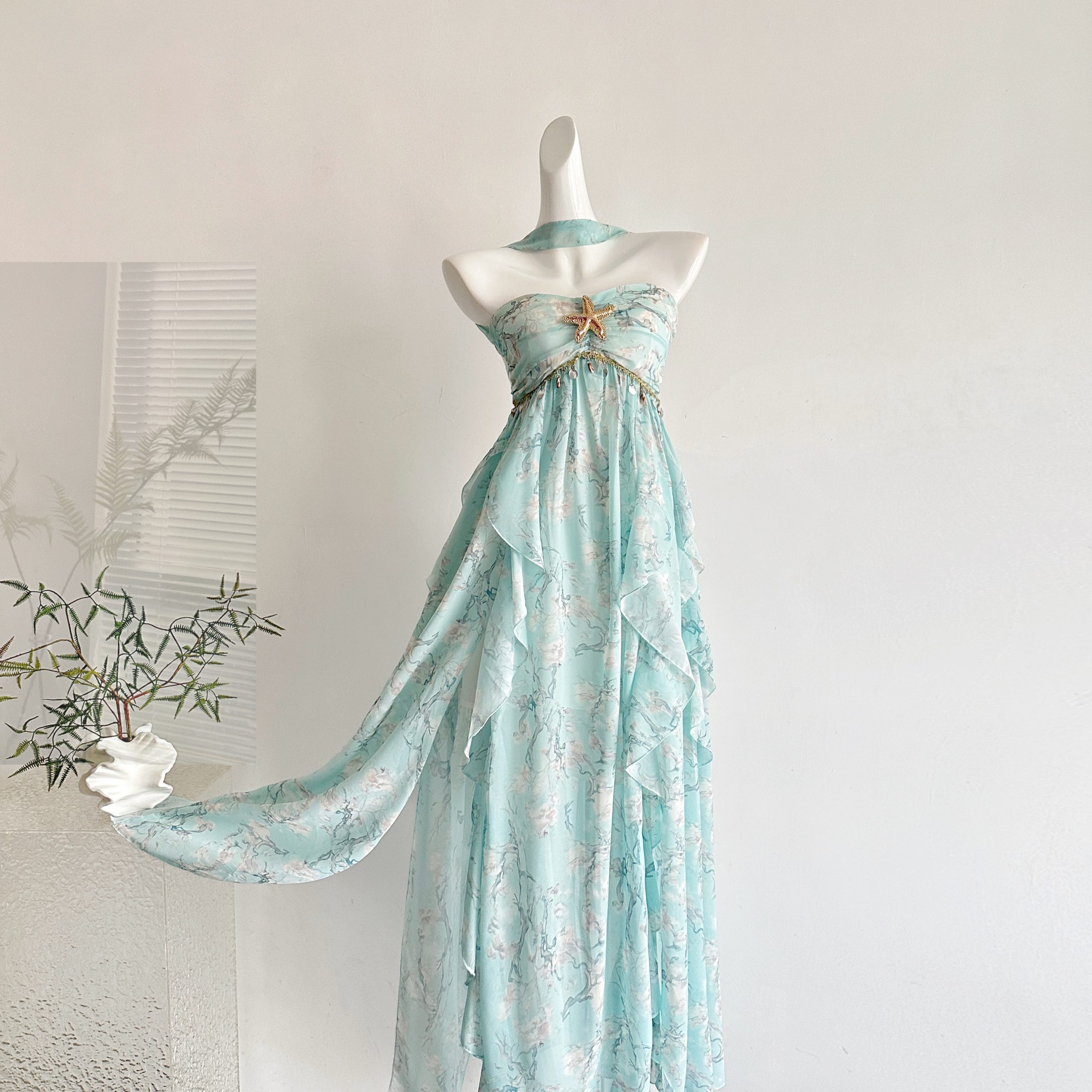 Yikett Summer Mint Floral Print Strapless Irregular Dress for Women