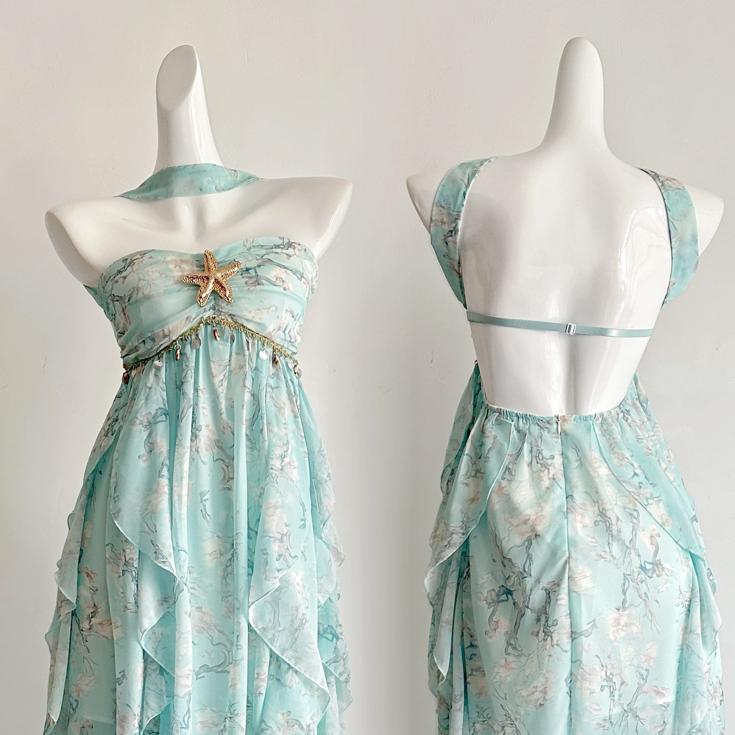 Yikett Summer Mint Floral Print Strapless Irregular Dress for Women - Image 3