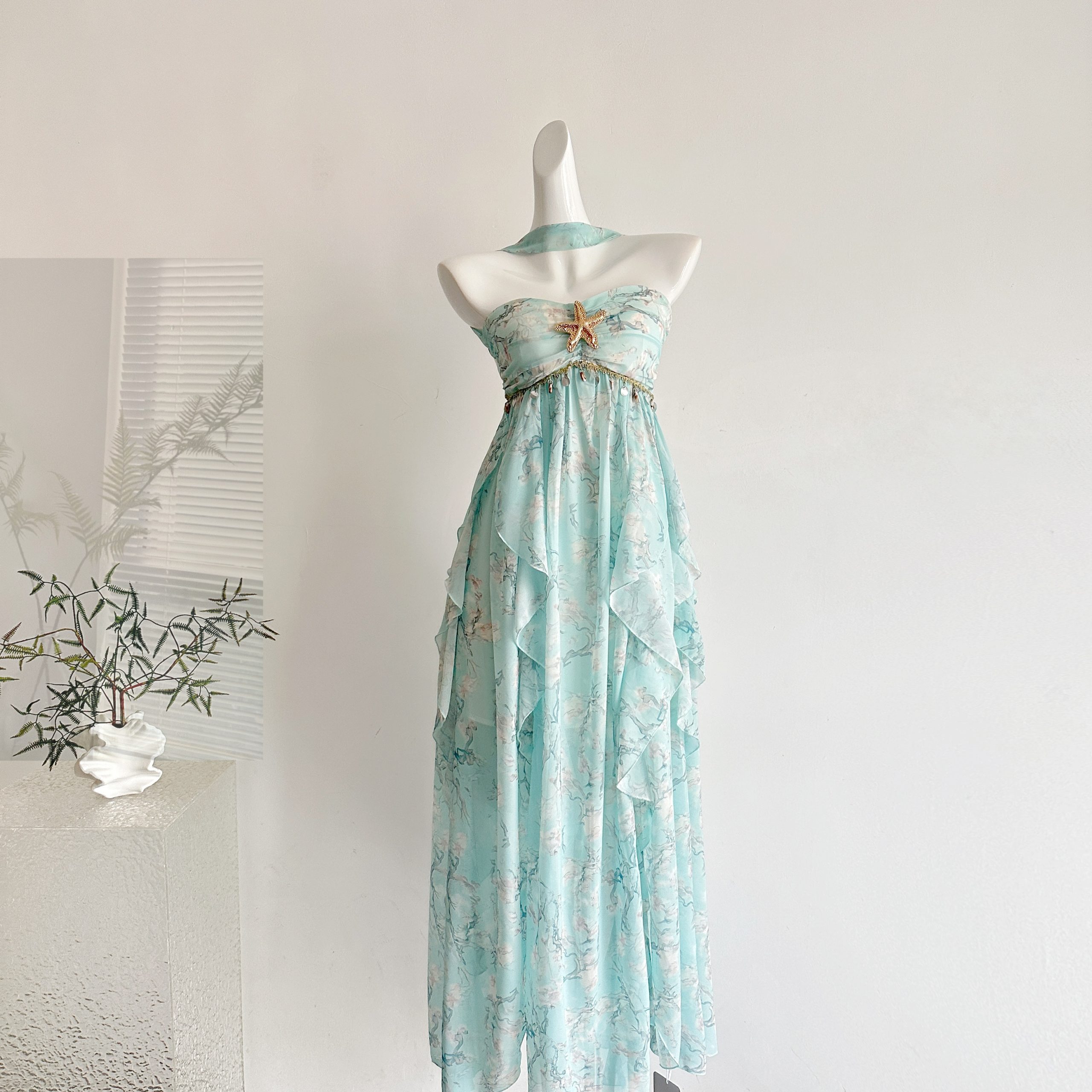 Yikett Summer Mint Floral Print Strapless Irregular Dress for Women - Image 2