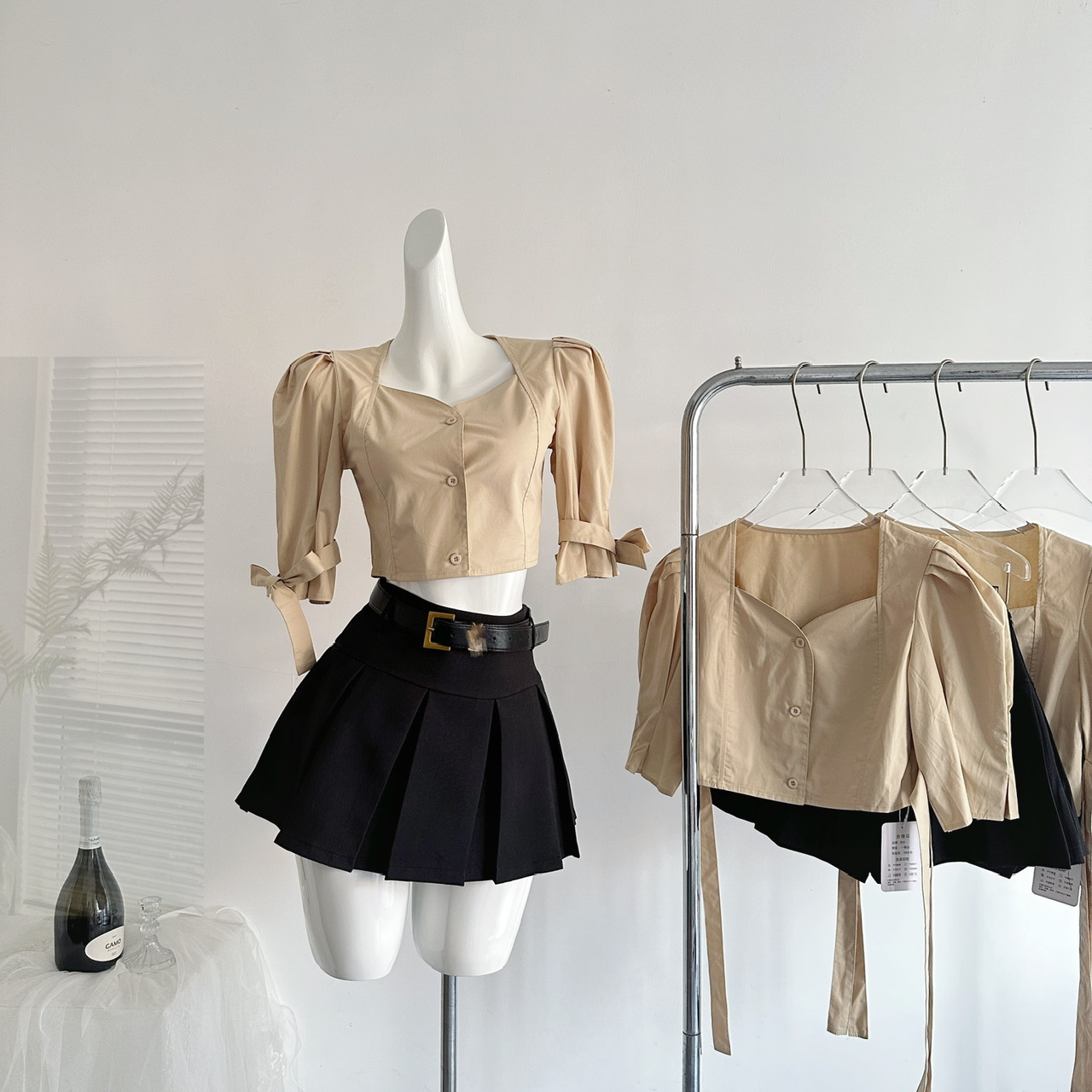 Korean Style Bubble Sleeve Shirt and Pleated Skirt Two-Piece Set for Women