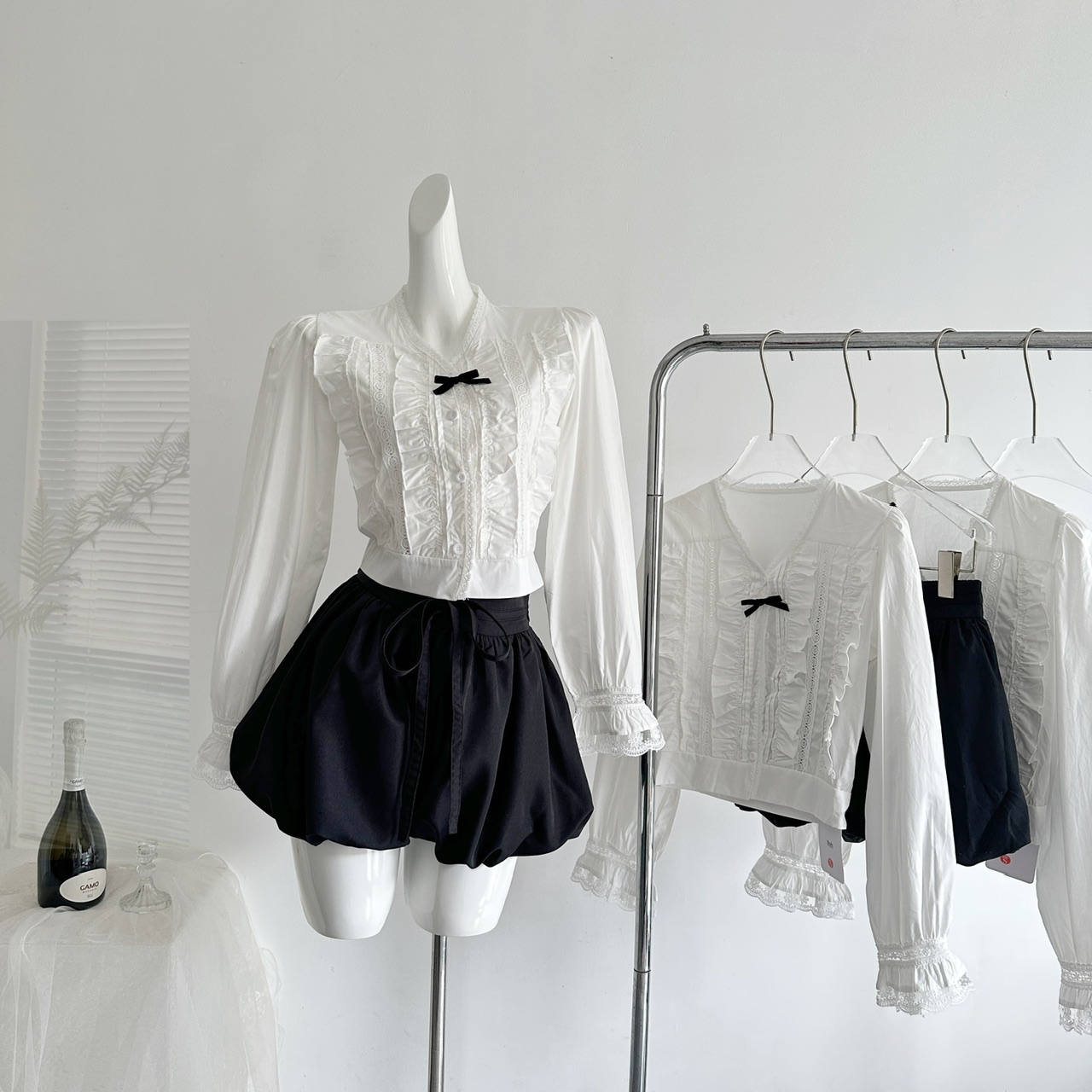 Chi San San 26/SS Chanson Doll Style White Ruffle Collar Shirt with Black Bloomer Shorts