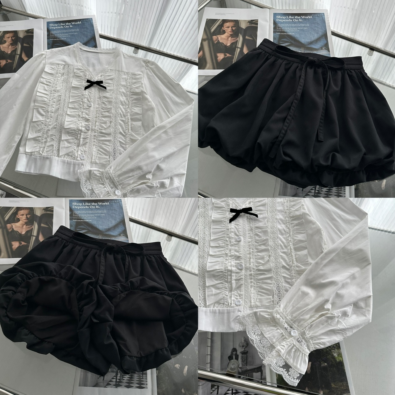 Chi San San 26/SS Chanson Doll Style White Ruffle Collar Shirt with Black Bloomer Shorts - Image 5