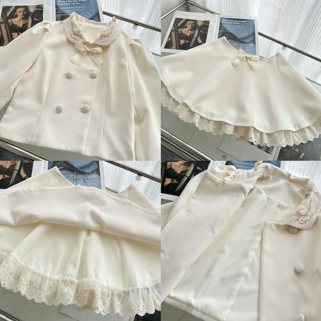 White Garden Ceremony Handmade Flower Embroidery Collar Double-Breasted Coat and Two-Layer Skirt Suit Set - Image 5