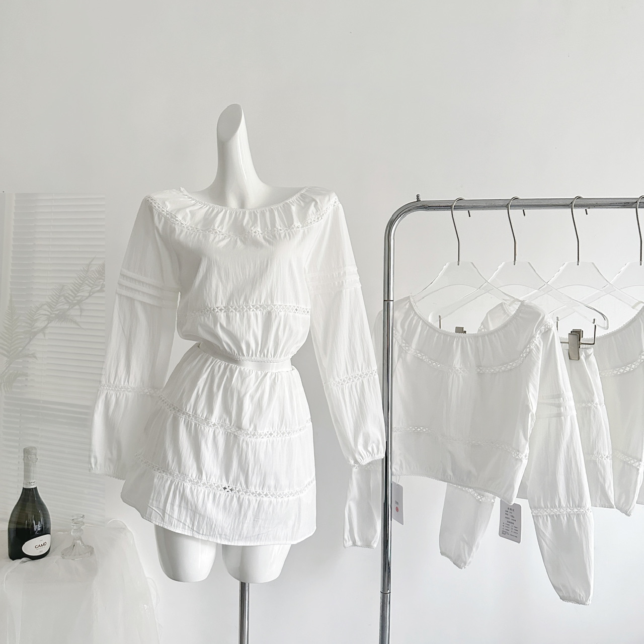 Chi San San 26/SS Swan Etude Miu-style Hollow Embroidery White Top and Skirt Cotton-feel Suit Set