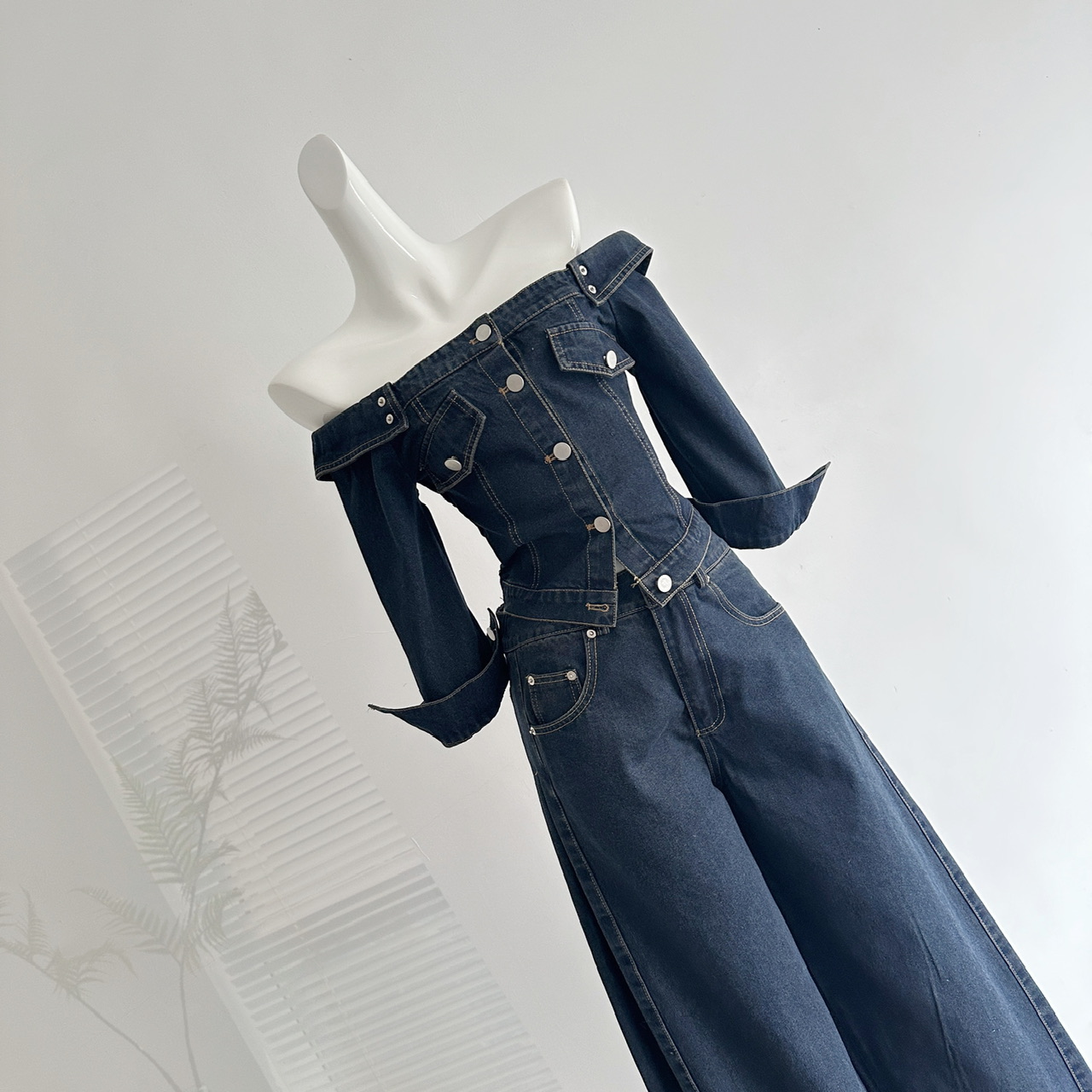 Chestnut Cocoa Bankelili Beloved Denim! Designer Denim One-Shoulder Top and Pants Set for Women - Image 2