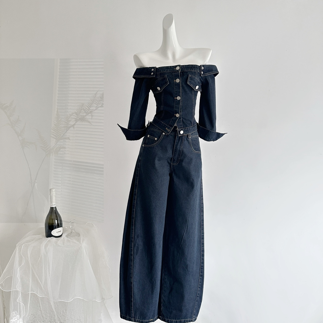 Chestnut Cocoa Bankelili Beloved Denim! Designer Denim One-Shoulder Top and Pants Set for Women