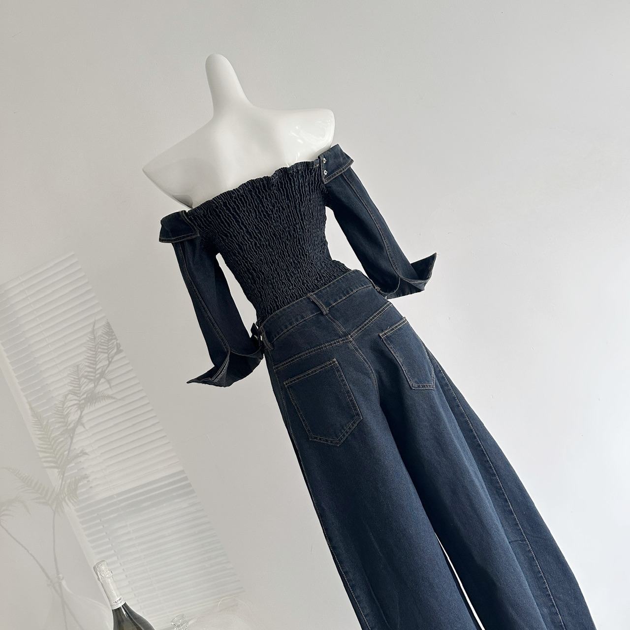 Chestnut Cocoa Bankelili Beloved Denim! Designer Denim One-Shoulder Top and Pants Set for Women - Image 3