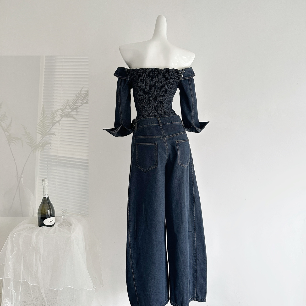 Chestnut Cocoa Bankelili Beloved Denim! Designer Denim One-Shoulder Top and Pants Set for Women - Image 4