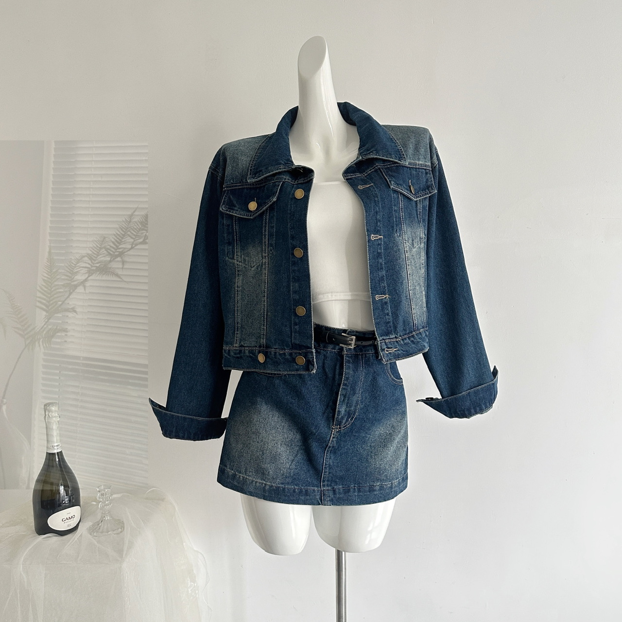 Women's Casual Denim Jacket and Skirt Two-Piece Set with Belt - Washed Blue - Image 2