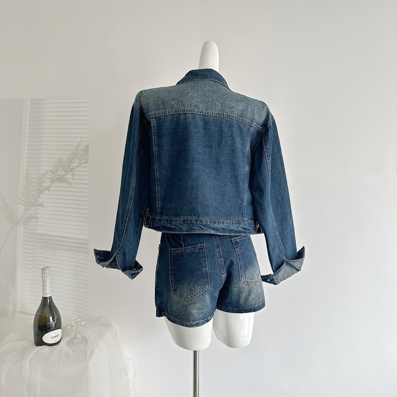 Women's Casual Denim Jacket and Skirt Two-Piece Set with Belt - Washed Blue - Image 4