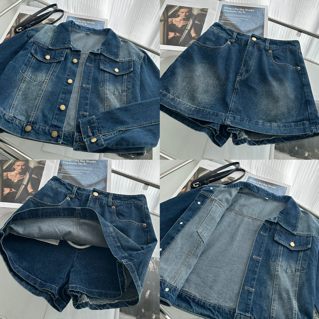 Women's Casual Denim Jacket and Skirt Two-Piece Set with Belt - Washed Blue - Image 5