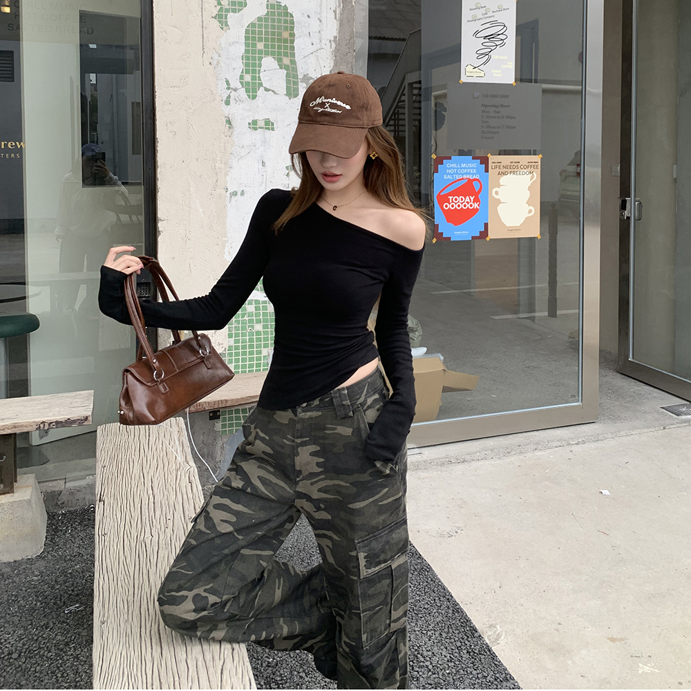 2026 Fall New Design Black Long Sleeve T-Shirt for Women Asymmetric Off Shoulder American Style - Image 2